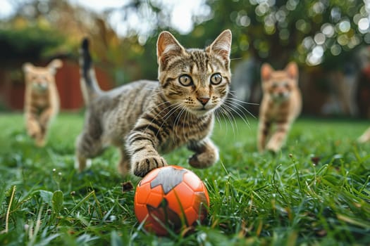 Three tabby cats playing soccer with an orange ball on juicy green lawn