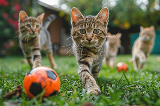 A group of cats plays yard football on the grass.