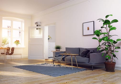 modern scandinavian living room design. 3d concept illustration
