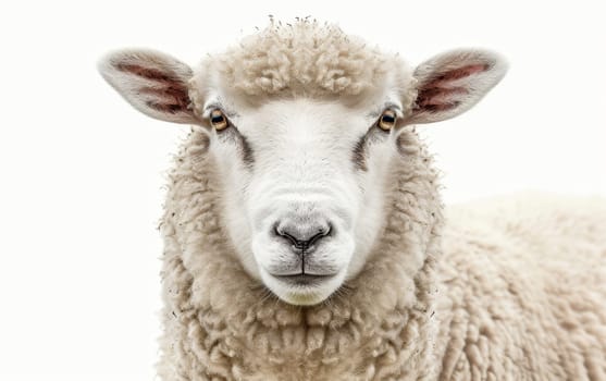 Close-up of a sheep's face with a soft, innocent gaze, against a high-key white background