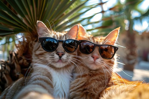 Two red tabby cats in sunglasses take a selfie on the beach. Humor, vacation concept.