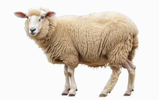 Stout sheep with a dense wool coat standing alert, isolated on a white background