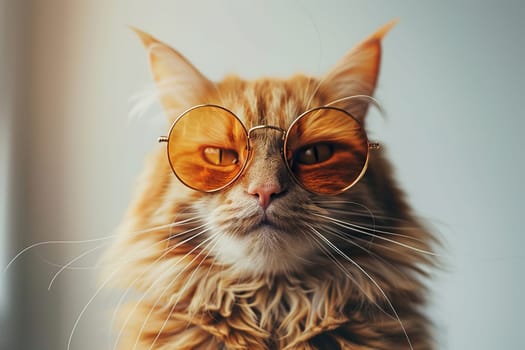 Portrait of a funny red cat in sunglasses on a white background.