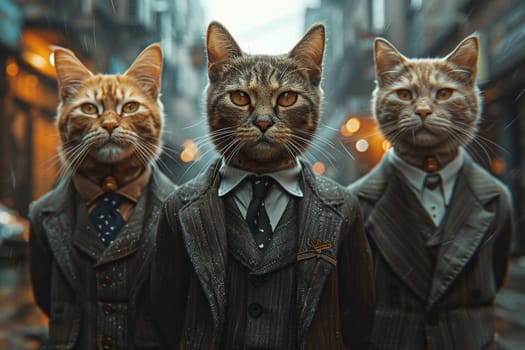 Three cats in business suits and ties go to work against the backdrop of a blurred city. Concept of doing business, work.