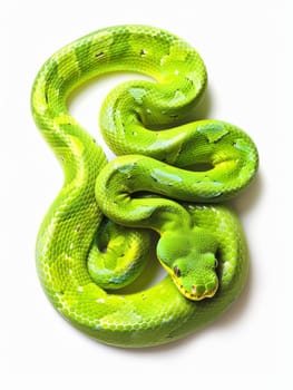 Vivid green python coiled tightly with eyes open, displaying vibrant scales on a white background