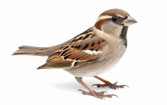 House sparrow perched with full body visible, displaying its intricate feather patterns on a white background