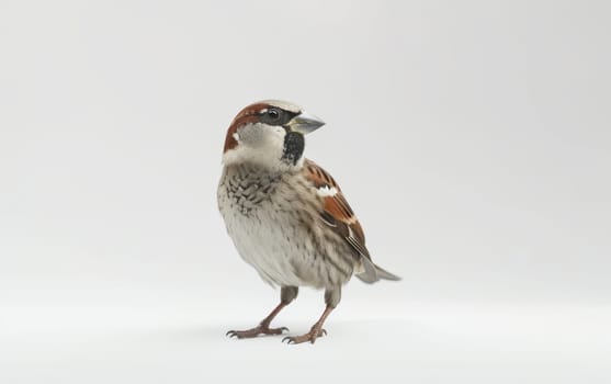 House sparrow perched with full body visible, displaying its intricate feather patterns on a white background