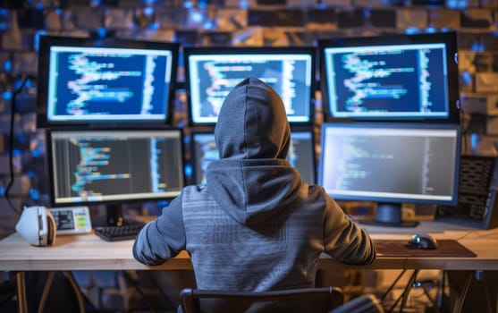 Concentrated individual in hoodie working on complex code across several computer screens in a modern tech environment