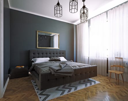 modern dark style bedroom interior design. 3d rendering room concept