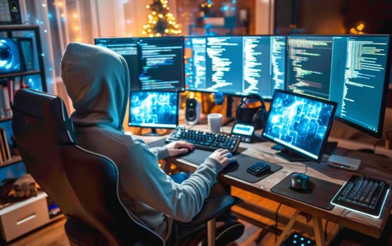 Concentrated individual in hoodie working on complex code across several computer screens in a modern tech environment