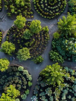 Overhead shot of a complex green maze garden surrounded by vibrant tropical foliage