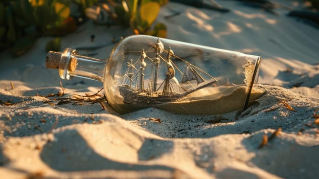 A wooden bottle with a miniature boat inside rests on the sandy soil. Nearby, a tree trunk lies on the natural landscape, surrounded by terrestrial plants and bedrock AIG50