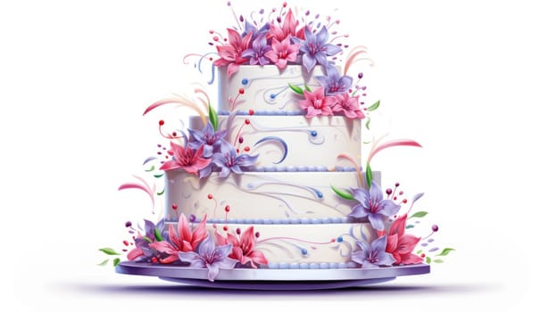 Celebration cake cartoon illustration - AI generated. Tall, cake, layer, flowers.