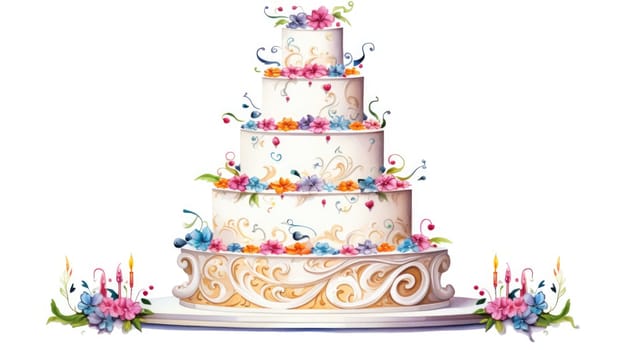 Celebration cake cartoon illustration - AI generated. Tall, cake, layer, flowers.