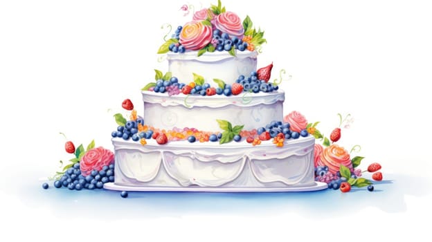 Celebration cake cartoon illustration - AI generated. Tall, cake, layer, flowers.