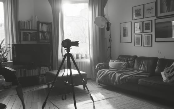 Monochromatic view of a living room photography setup with a camera on a tripod and natural light from a window