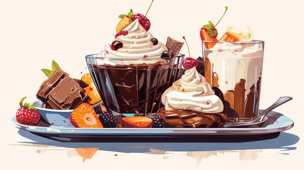 Chocolate indulgence cartoon illustration - AI generated. Chocolate, dessert, strawberry, cream.