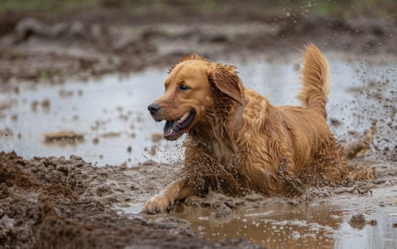 Golden retriever energetically playing in a muddy puddle, with mud splashing all around