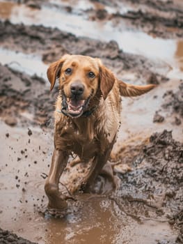Happy brown dog running through muddy water, splashes around, in a natural outdoor setting