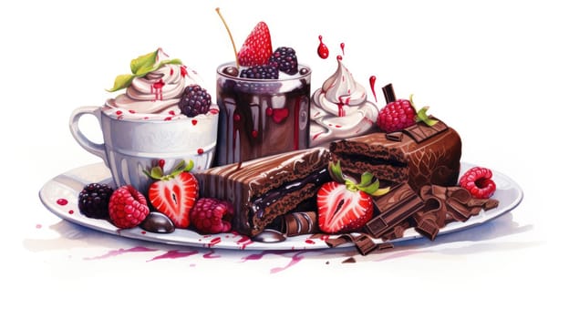 Chocolate indulgence cartoon illustration - AI generated. Chocolate, dessert, strawberry, cream.