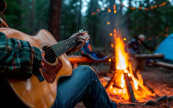 Close-up of hands strumming a guitar by a blazing campfire in the evening