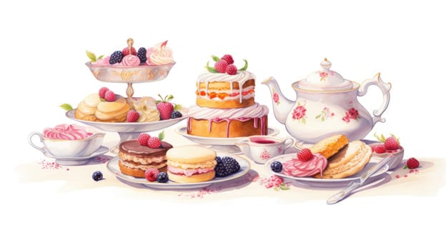 High tea affair cartoon illustration - AI generated. Teapot, cakes, fruits, plate.