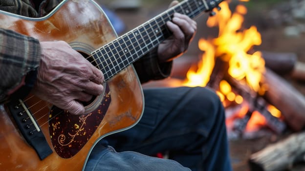 Guitarist seated by a campfire playing music during a lakeside evening