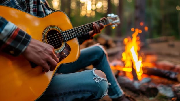 Guitarist seated by a campfire playing music during a lakeside evening