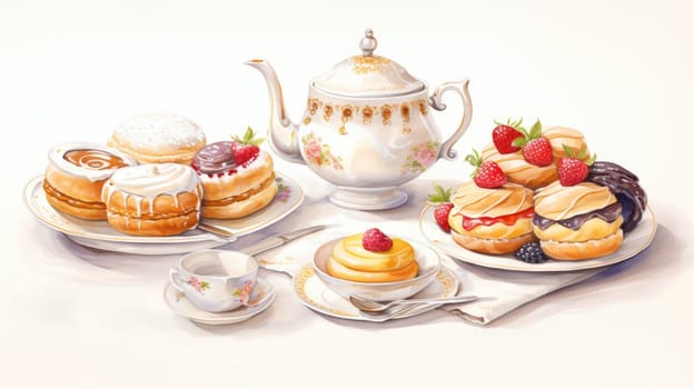 High tea affair cartoon illustration - AI generated. Teapot, cakes, fruits, plate.