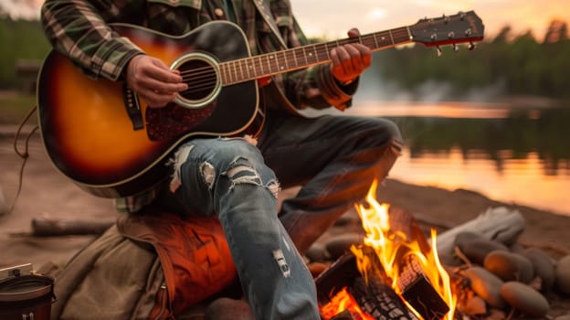 Guitarist seated by a campfire playing music during a lakeside evening