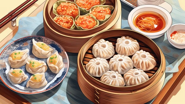 Exquisite dim sum spread steamer baskets cartoon illustration - AI generated. Bowl, dim, sum, sauce.