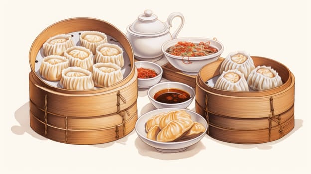 Exquisite dim sum spread steamer baskets cartoon illustration - AI generated. Bowl, dim, sum, sauce.