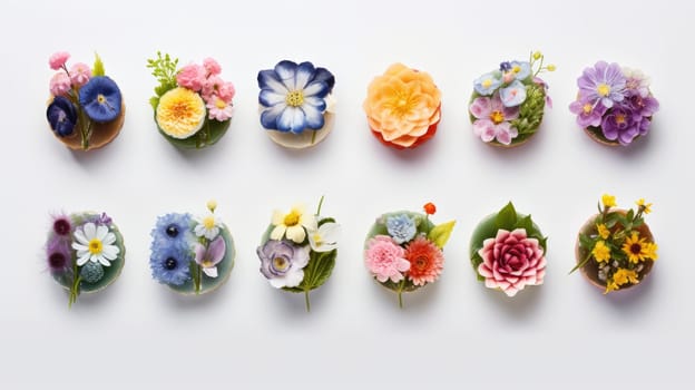 Floral infused desserts photo realistic illustration - AI generated. Flowers, difference, dessert, colorful.