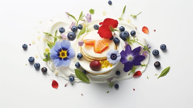 Floral infused desserts photo realistic illustration - AI generated. Flowers, difference, dessert, colorful.