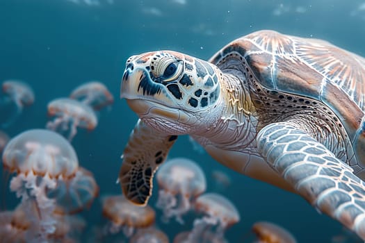 A sea turtle swims underwater surrounded by jellyfish. Wild nature.