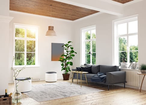 modern scandinavian living room design. 3d concept rendering