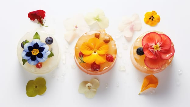 Floral infused desserts photo realistic illustration - AI generated. Flowers, difference, dessert, colorful.