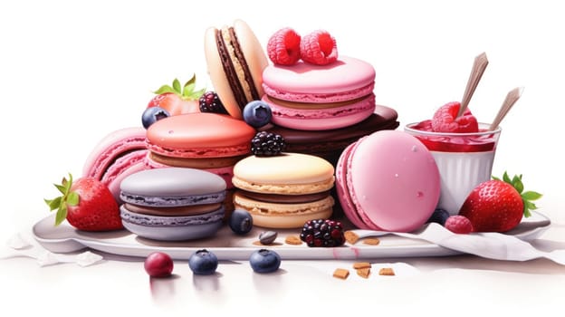 French patisserie cartoon illustration - AI generated. Colorful, macarons, fruits, berries.