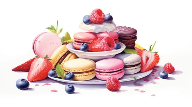 French patisserie cartoon illustration - AI generated. Colorful, macarons, fruits, berries.