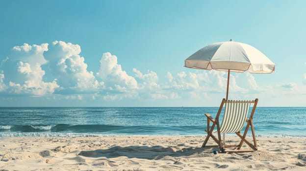 A chair and an umbrella provide shade on the sandy beach, with the azure sky reflecting in the crystal clear water of the oceanic coastal landforms AIG50