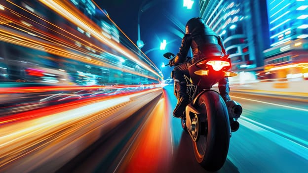 Back view of professional smart motorbike driver wearing helmet while driving in high speed surrounded with neon light at futuristic cityscape and skyscraper at night time. Blurring background. AIG42.