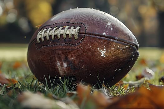 Close-up of an American football ball on the grass with fallen leaves.
