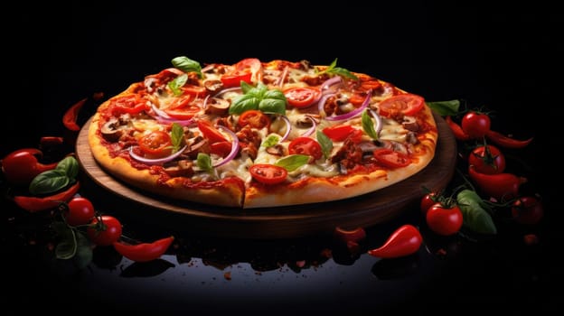 Gourmet pizza photo realistic illustration - AI generated. Pizza, tomato, sauce, basil.