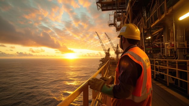 A man, wearing a helmet and standing on an oil rig, gazes at the sunset over the water, admiring the serene sky and clouds. AIG41