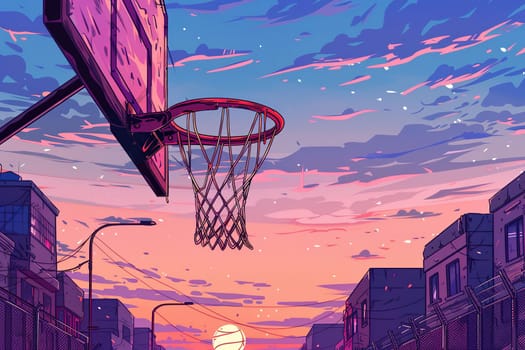 A basketball ball flies into the hoop, illustration in cartoon style.