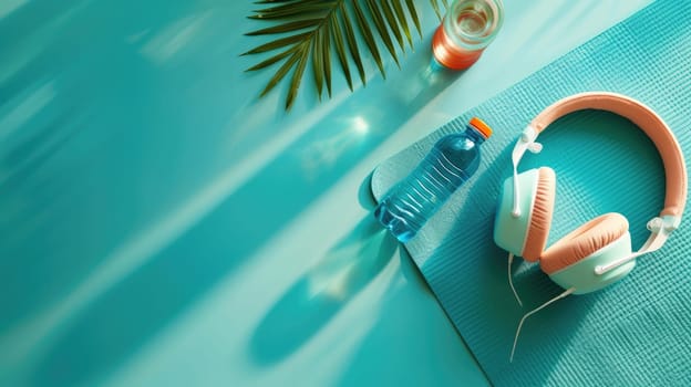 A pair of headphones, a water bottle, and sunglasses are resting on an azure picnic blanket, creating a vibrant contrast against the electric blue pattern AIG50