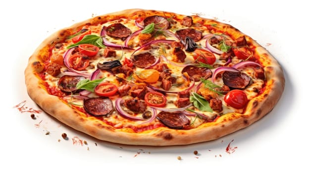 Gourmet pizza photo realistic illustration - AI generated. Pizza, tomato, sauce, basil.