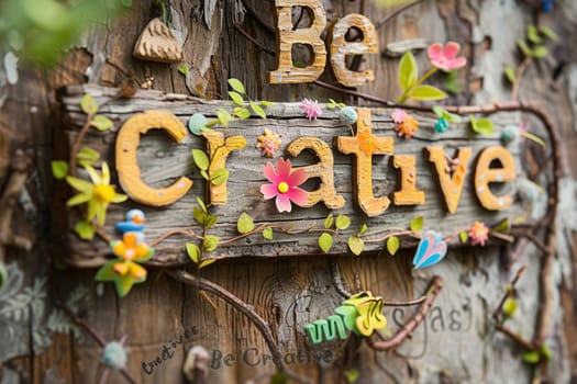The letter of be creative in variant texture with wooden fence background and natural colorful flower blooming, leaf, and plant decorated with 3D design. Spring season concept. Lettering. AIG42.