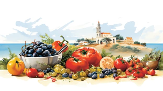 Mediterranean flavor cartoon illustration - AI generated. Island, house, sea, tomato, grape.