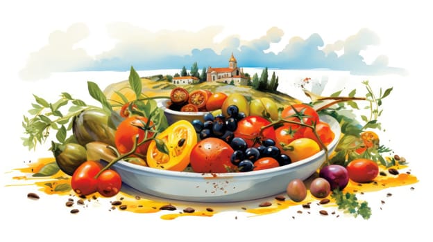 Mediterranean flavor cartoon illustration - AI generated. Island, house, sea, tomato, grape.